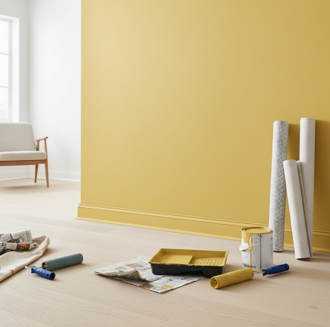 Gestrichene gelbe Wand mit Farbeimern, Rollen und Werkzeug