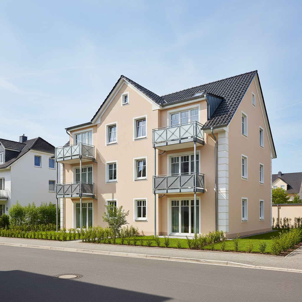 Modernes Mehrfamilienhaus mit fertiggestellter WDVS-Fassade in hellem Apricot. Weiße Fensterrahmen, Balkone mit Metallgeländern und gepflegte Grünflächen runden das Erscheinungsbild ab.