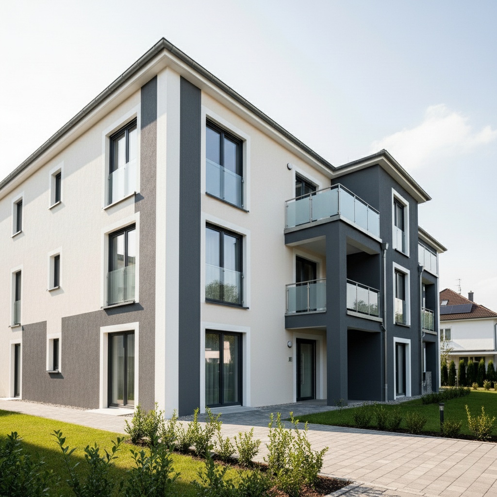 Modernes Mehrfamilienhaus mit fertiggestellter WDVS-Fassade in Weiß und Anthrazit. Glasbalkone, gepflegter Garten und klare Linien prägen das Erscheinungsbild.