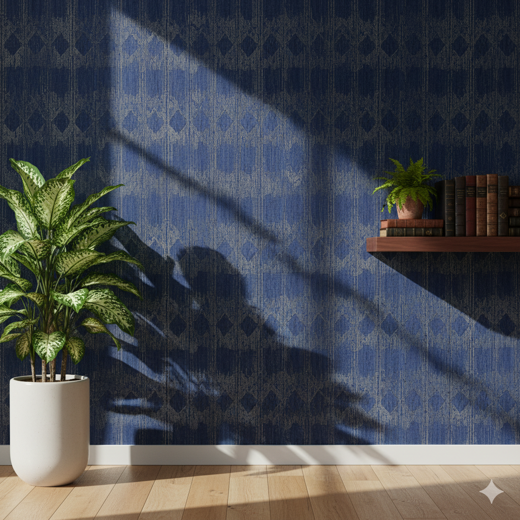 Edle Wandgestaltung mit dunkler blauer Mustertapete und goldenen Akzenten, im Vordergrund eine Zimmerpflanze und ein Regal mit Büchern.