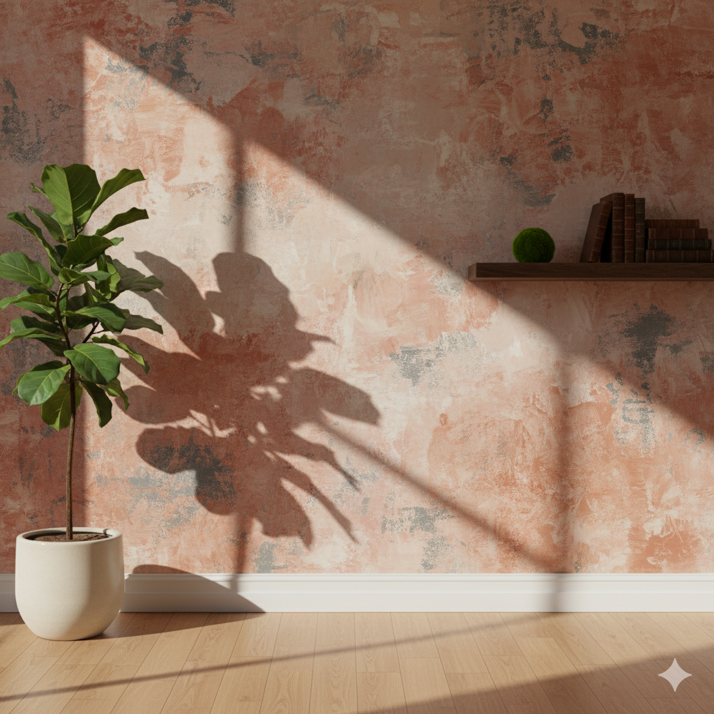 Wand mit mediterraner Kalkputz-Optik in warmen Terrakottatönen, professionell gespachtelt und gestrichen, moderne Raumgestaltung mit Charakter.