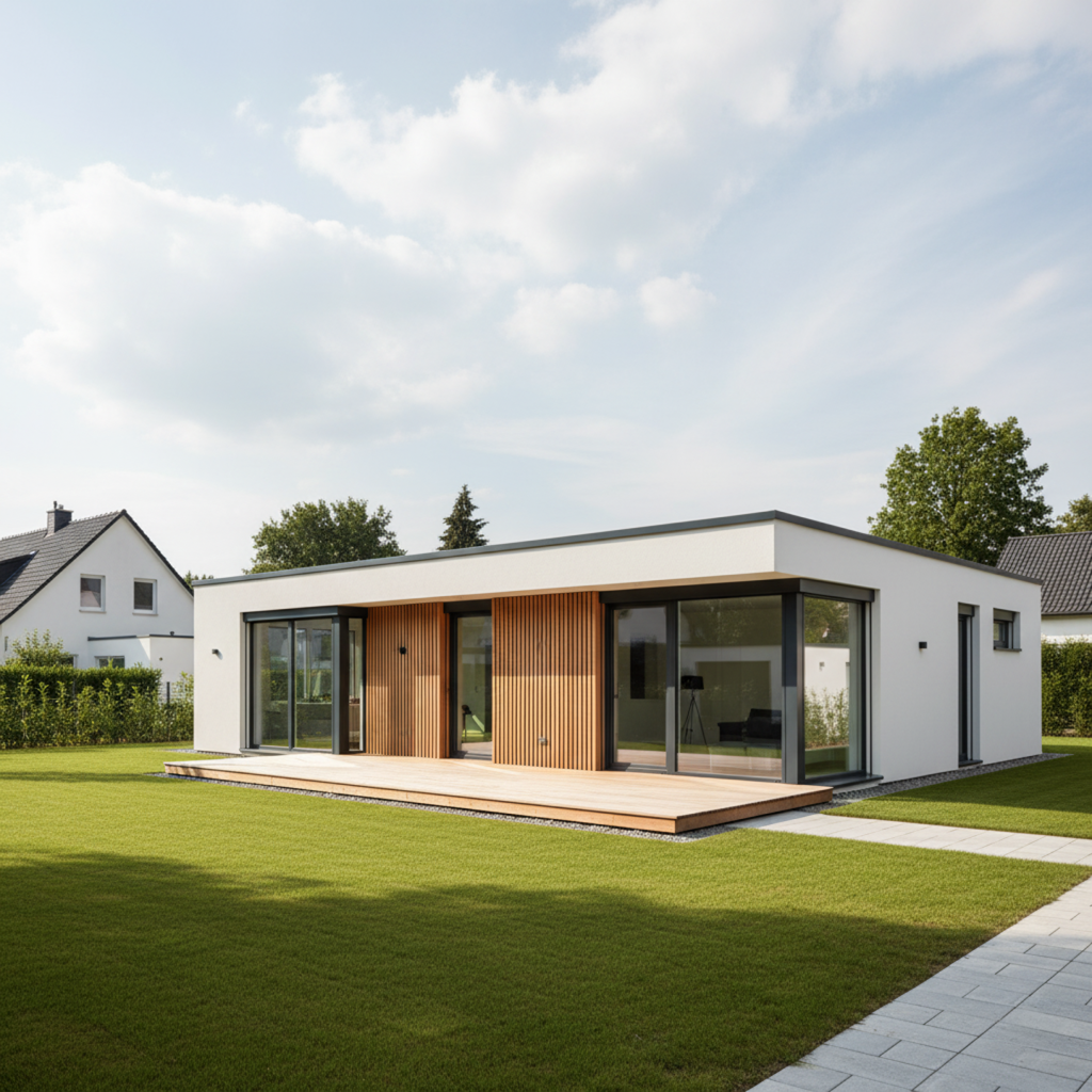 Moderner Flachdach-Bungalow mit fertiggestellter WDVS-Fassade in Weiß und Holzoptik. Große Glasflächen, klare Linien und gepflegter Rasen im Vordergrund.