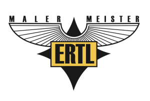 Logo von Malermeister Ertl – stilisierte Flügel in Schwarz und Weiß mit goldener Mitte. Text „Maler Meister Ertl“, Symbol für Handwerksqualität und Tradition.