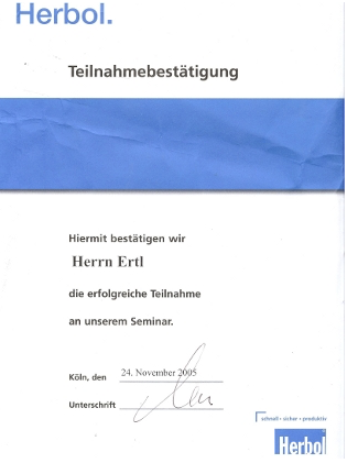 Teilnahmebestätigung für Herrn Ertl über die erfolgreiche Teilnahme am Herbol-Seminar in Köln – Nachweis der Weiterbildung und Teamkompetenz im Malerhandwerk.