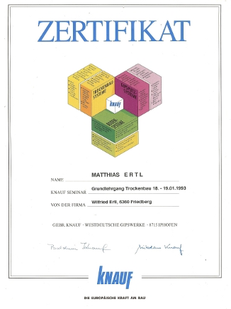 Zertifikat für Matthias Ertl über die erfolgreiche Teilnahme am Knauf-Grundlehrgang Trockenbau – Nachweis der Weiterbildung und Teamkompetenz im Innenausbau.