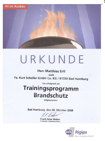 Urkunde für Matthias Ertl über die erfolgreiche Teilnahme am Rigips-Trainingsprogramm Brandschutz – Nachweis der Weiterbildung und Teamkompetenz im Innenausbau und Brandschutz.