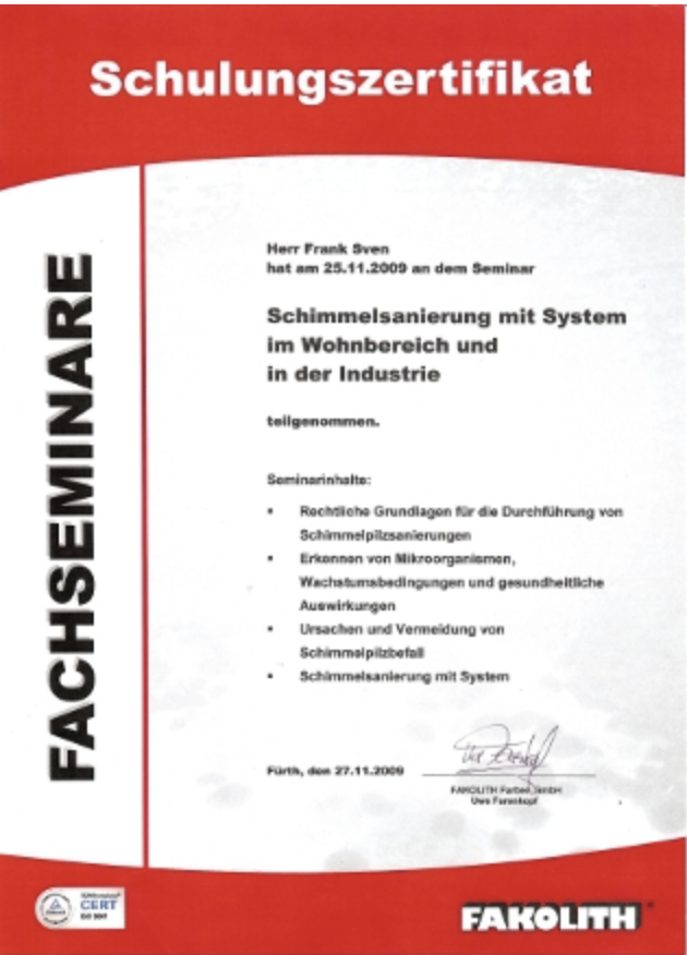 Schulungszertifikat für Frank Sven über die Teilnahme am Fachseminar Schimmelsanierung mit System im Wohnbereich und in der Industrie – Nachweis der Team-Qualifikation.