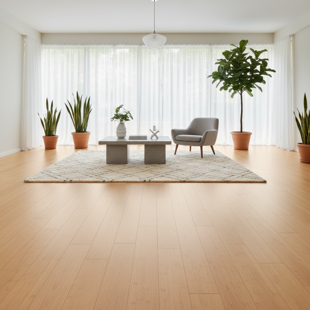 Helles, modernes Wohnzimmer mit großem Fenster, Pflanzen und hellem Holz-Vinylboden. Ein Teppich und dezente Möbel ergänzen den minimalistischen Einrichtungsstil.