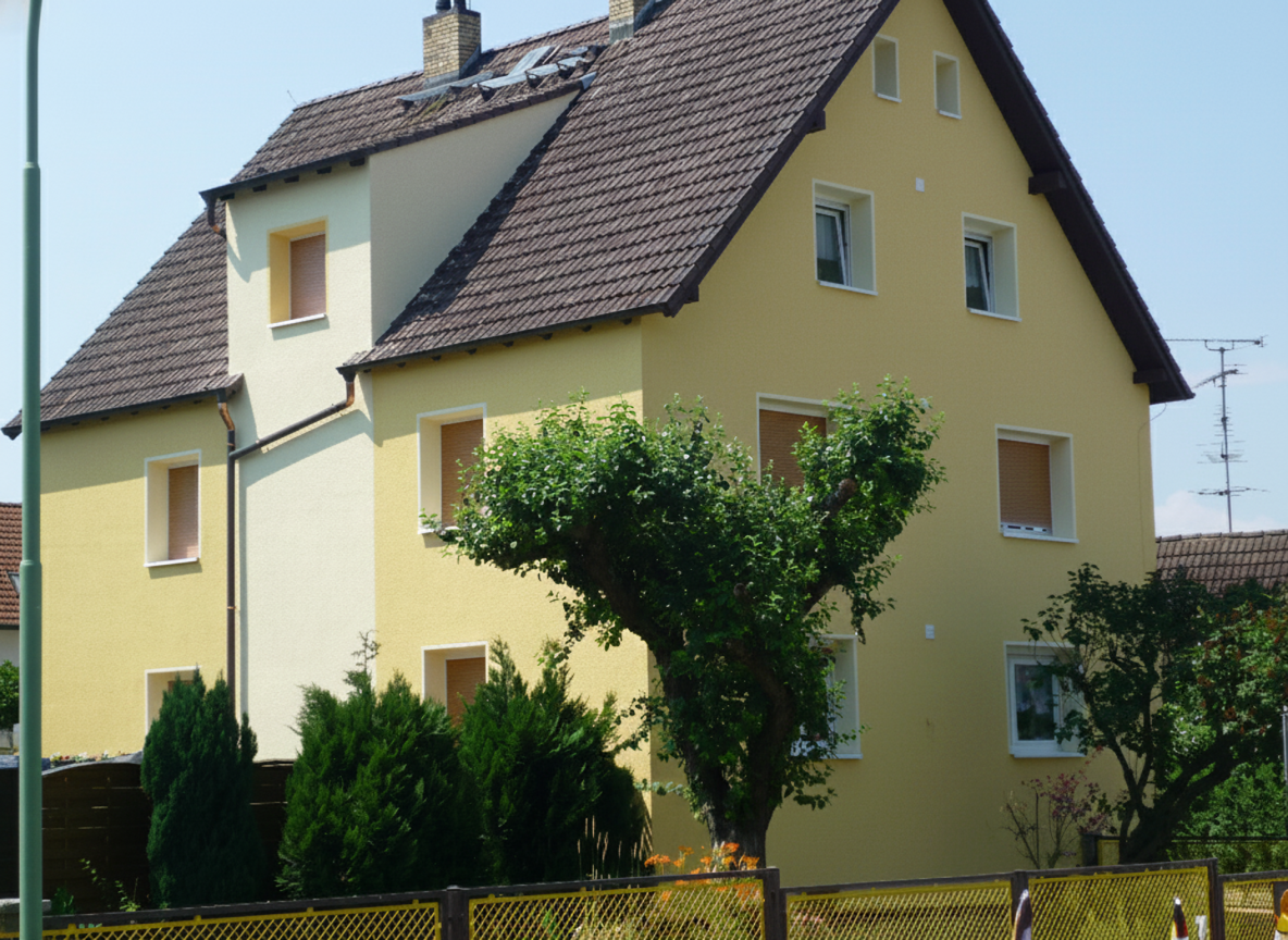 Fasseade von einem gelben Mehrfamilienhaus