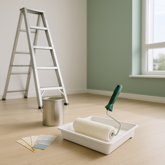 Frisch gestrichene Wand in sanftem Grünton mit Farbrolle, Leiter und Farbmustern – professionelle Malerarbeit, modern und sauber ausgeführt.